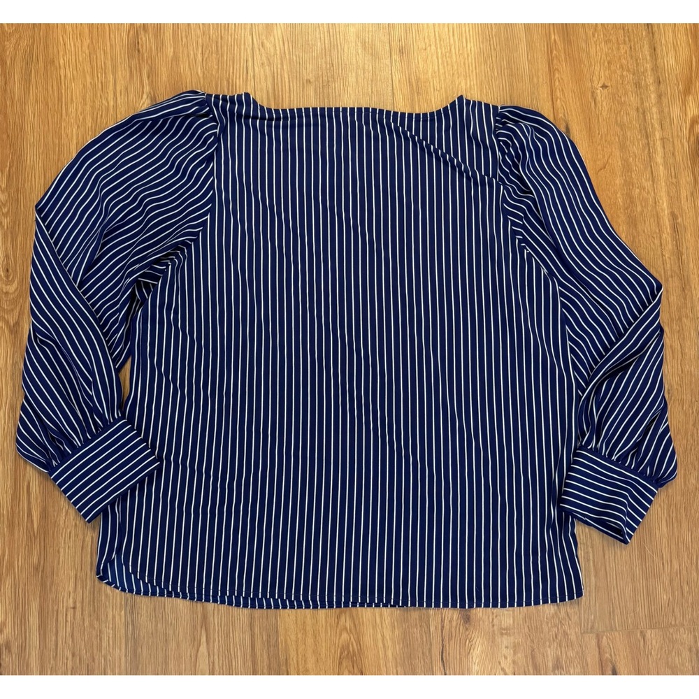 Ann Taylor Factory Navy Blue White Striped Puff Sleeve Blouse Boat Neck Large - Picture 8 of 8